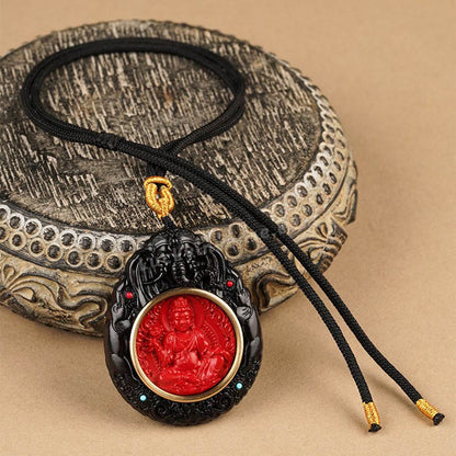 Ebony Wood Cinnabar Bodhisattva Buddha Statue Inlay Pendant