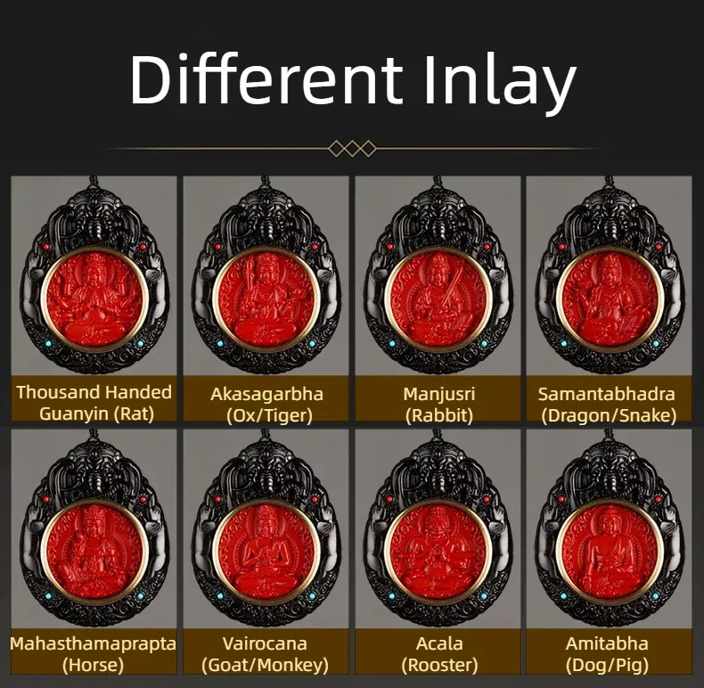 Ebony Wood Cinnabar Bodhisattva Buddha Statue Inlay Pendant