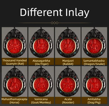 Ebony Wood Cinnabar Bodhisattva Buddha Statue Inlay Pendant