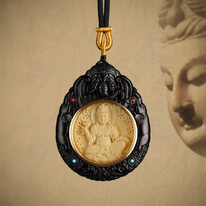 Sandalwood Boxwood Bodhisattva Buddha Statue Inlay Pendant