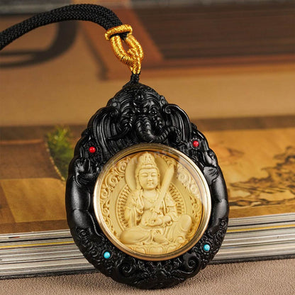 Sandalwood Boxwood Bodhisattva Buddha Statue Inlay Pendant
