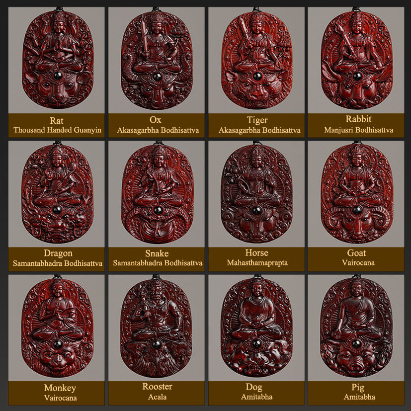 Red Sandalwood Twelve Zodiac Signs Bodhisattva Buddha Statue Pendant