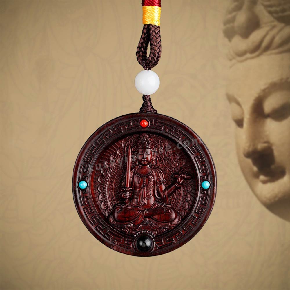 Red Sandalwood Bodhisattva Buddha Statue Round Pendant