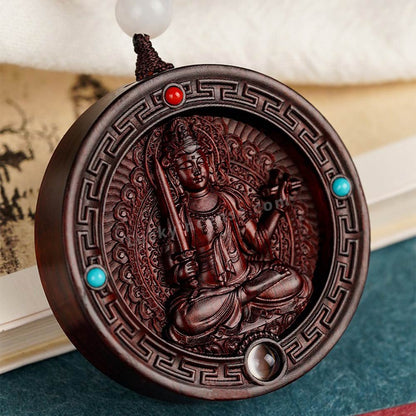 Red Sandalwood Bodhisattva Buddha Statue Round Pendant