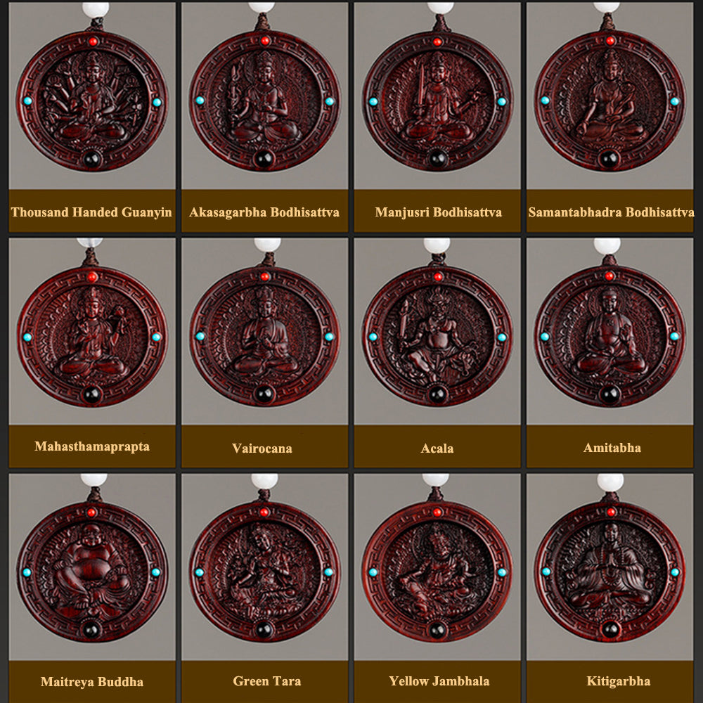 Red Sandalwood Bodhisattva Buddha Statue Round Pendant