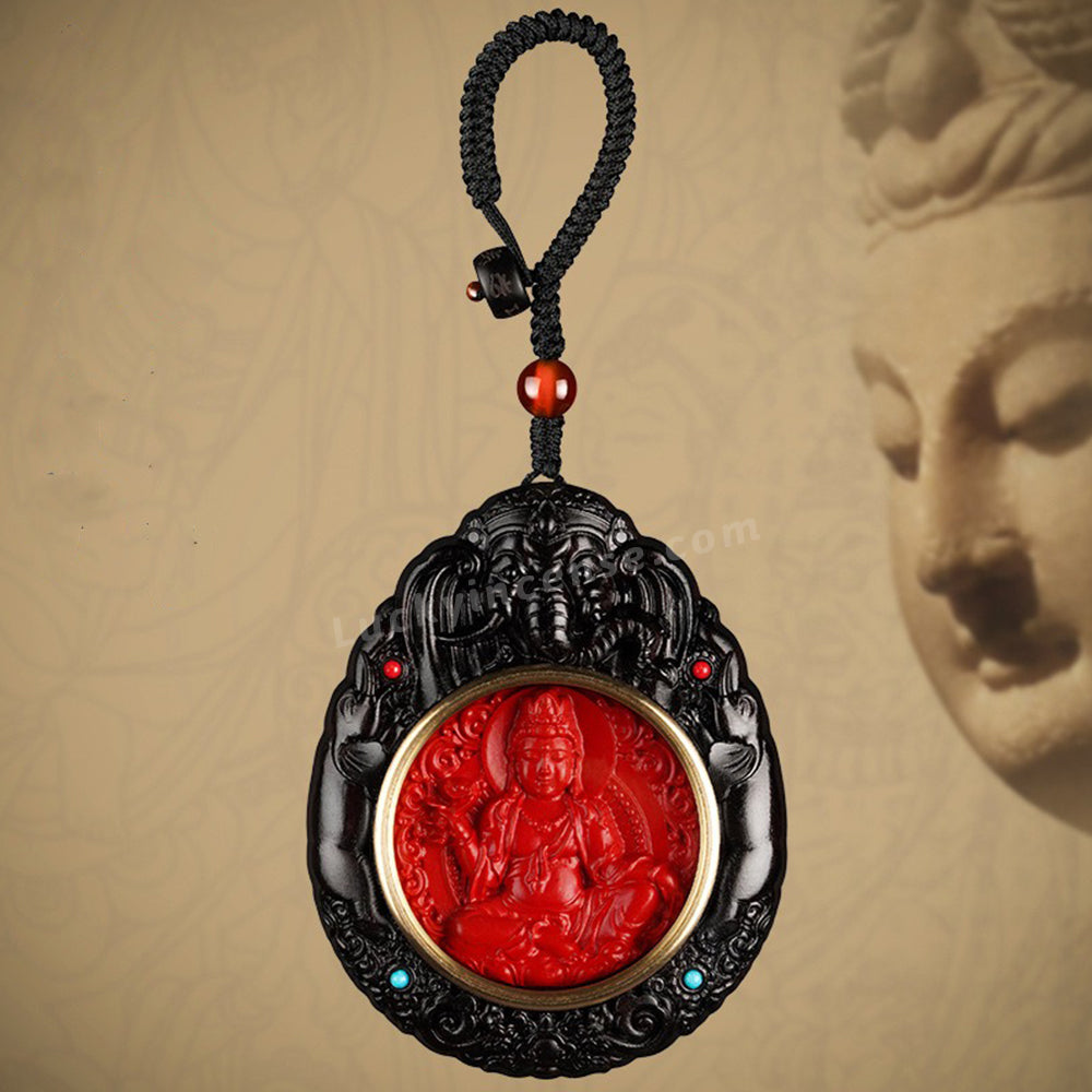 Ebony Wood Cinnabar Bodhisattva Buddha Statue Inlay Keychain Charm