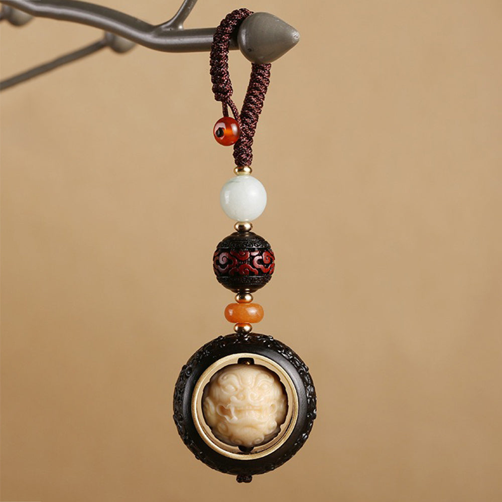 Ebony Wood Pixiu Lucky Coin Keychain Charm