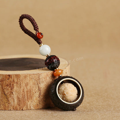 Ebony Wood Pixiu Lucky Coin Keychain Charm