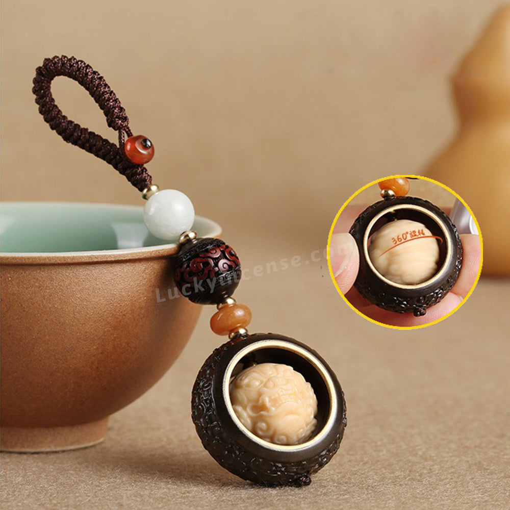 Ebony Wood Pixiu Lucky Coin Keychain Charm
