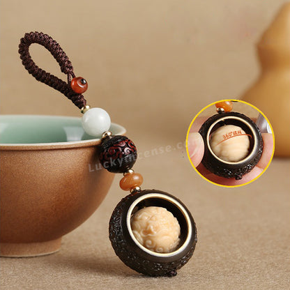 Ebony Wood Pixiu Lucky Coin Keychain Charm