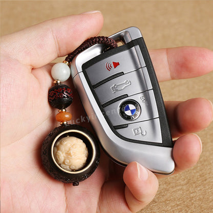 Ebony Wood Pixiu Lucky Coin Keychain Charm