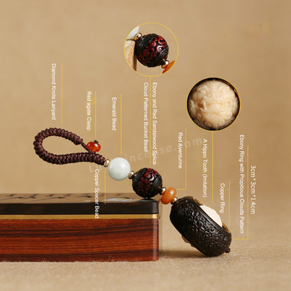 Ebony Wood Pixiu Lucky Coin Keychain Charm