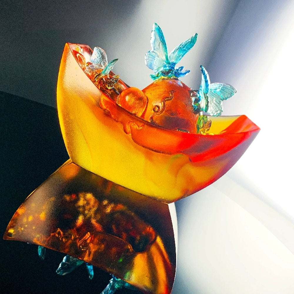 Colored Glass Fortune Ingot With Gourd And Butterfly