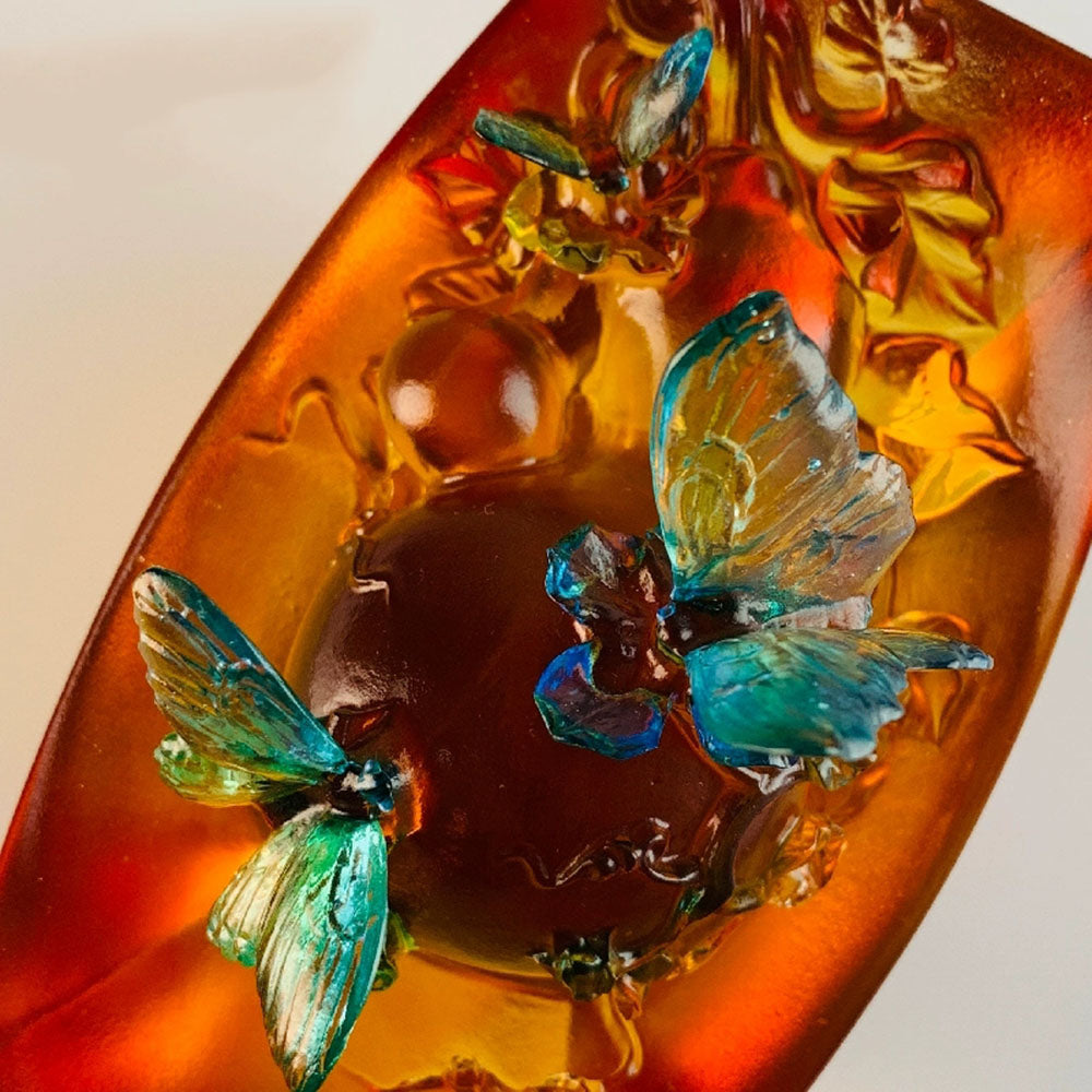 Colored Glass Fortune Ingot With Gourd And Butterfly