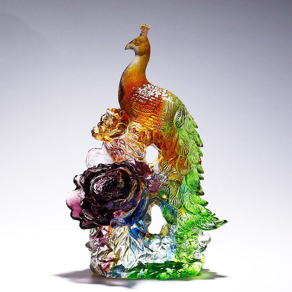 Crystal Glass Peacock On Blossoms