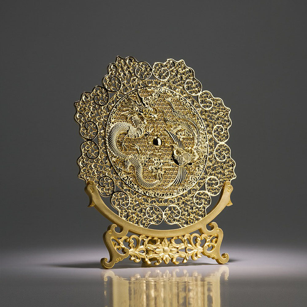 Brass Dragon And Phoenix Round Plaque