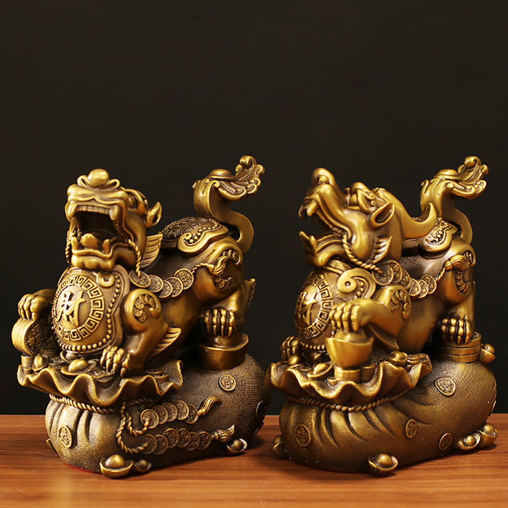 Brass Pixiu Pair Feng Shui Money Bag With Ingots