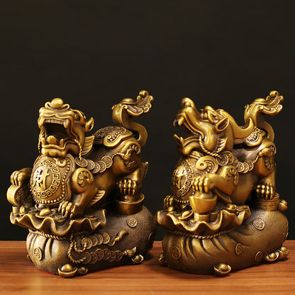 Brass Pixiu Pair Feng Shui Money Bag With Ingots