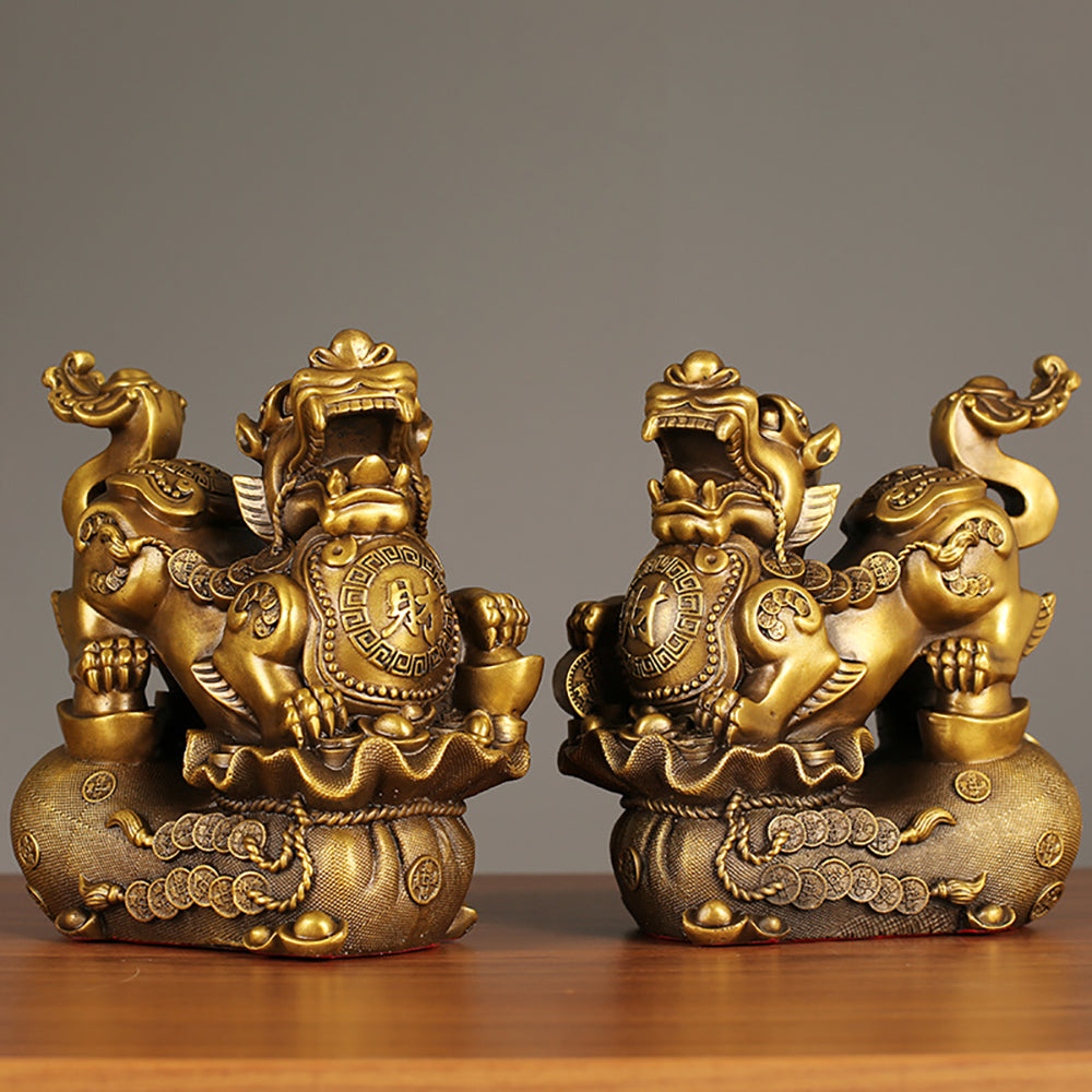 Brass Pixiu Pair Feng Shui Money Bag With Ingots