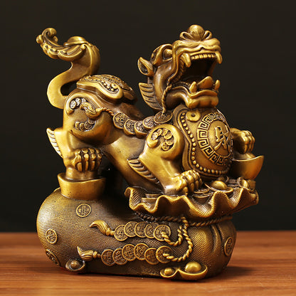 Brass Pixiu Pair Feng Shui Money Bag With Ingots
