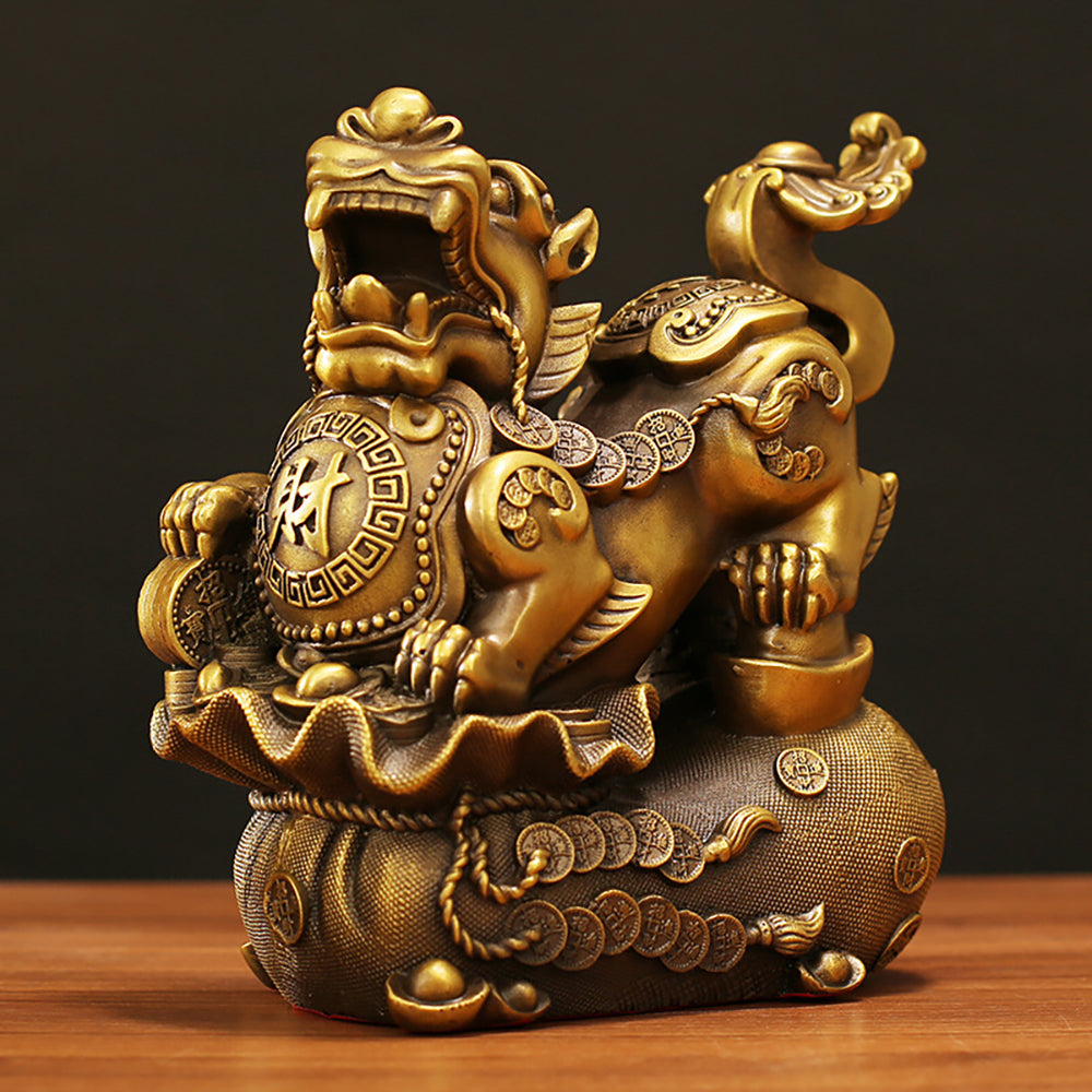 Brass Pixiu Pair Feng Shui Money Bag With Ingots