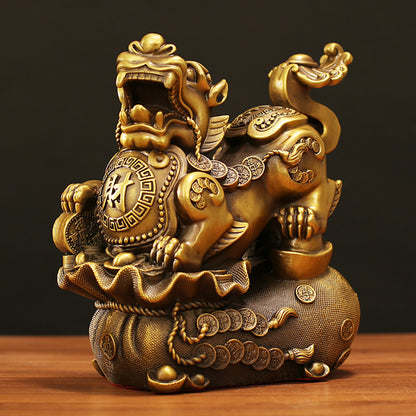 Brass Pixiu Pair Feng Shui Money Bag With Ingots
