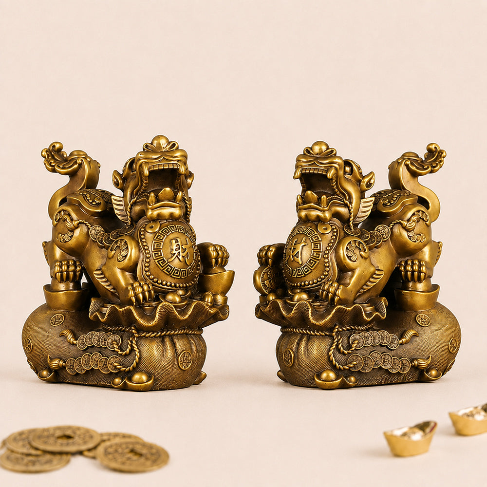 Brass Pixiu Pair Feng Shui Money Bag With Ingots