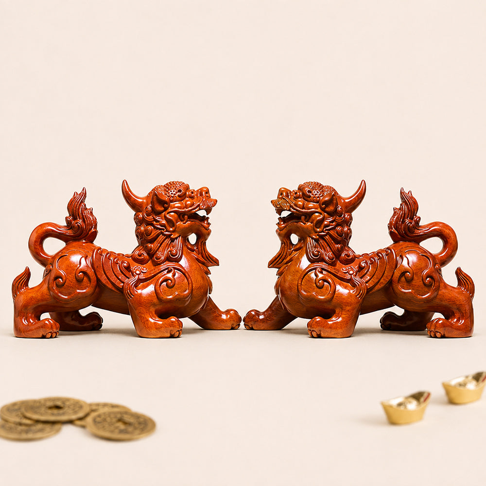 Rosewood Pixiu Pair Feng Shui Wealth Decor