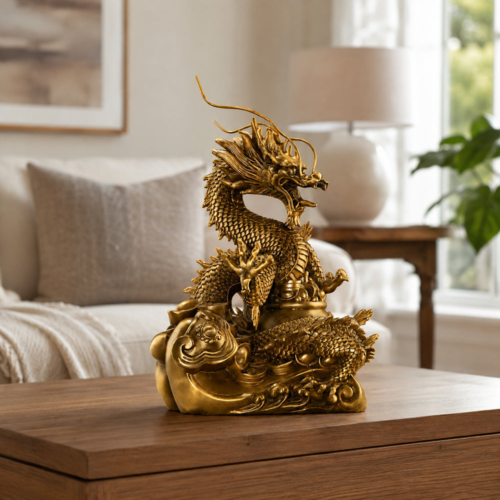 Brass Dragon Wealth Bowl Statue