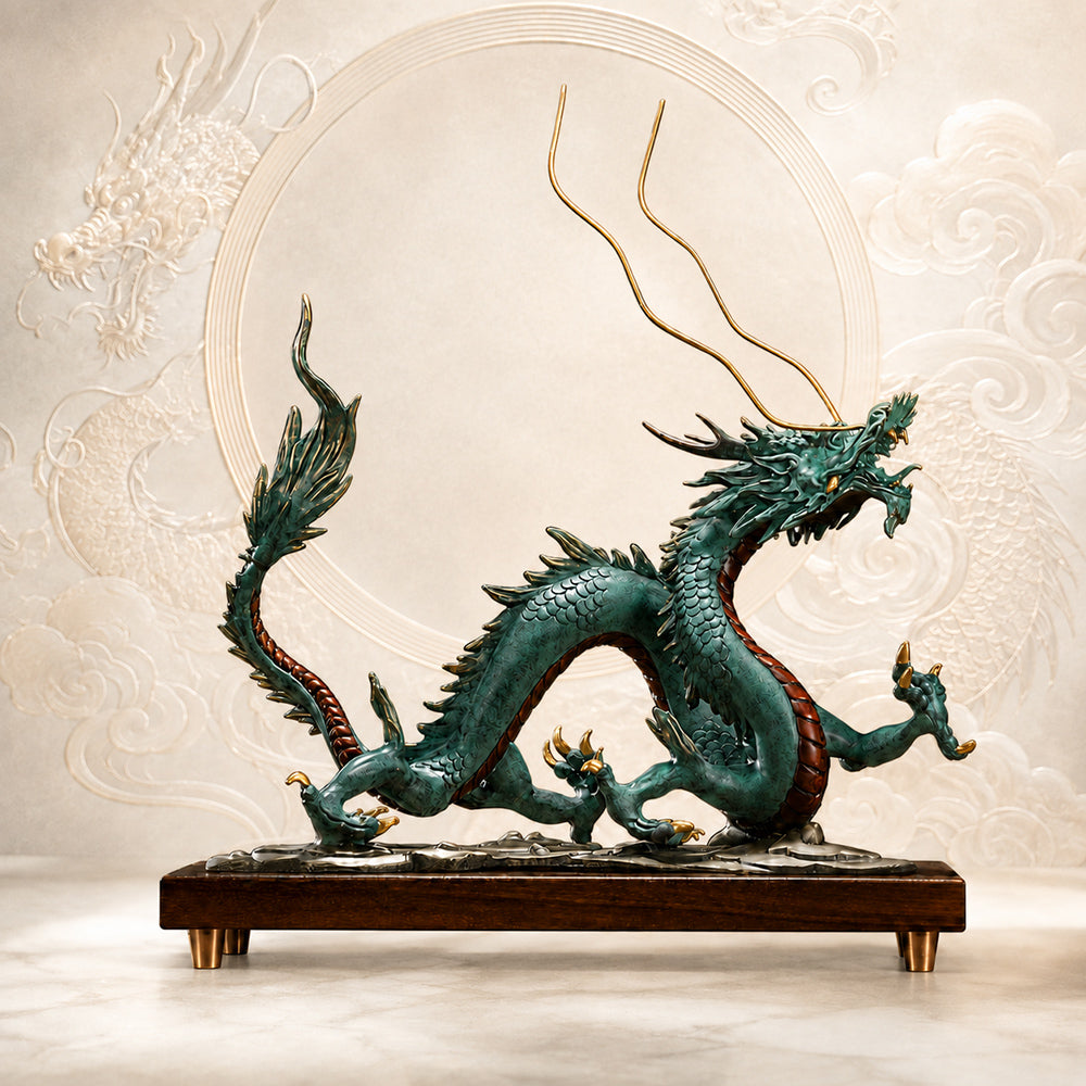 Brass Dragon Statue With Walnut Base