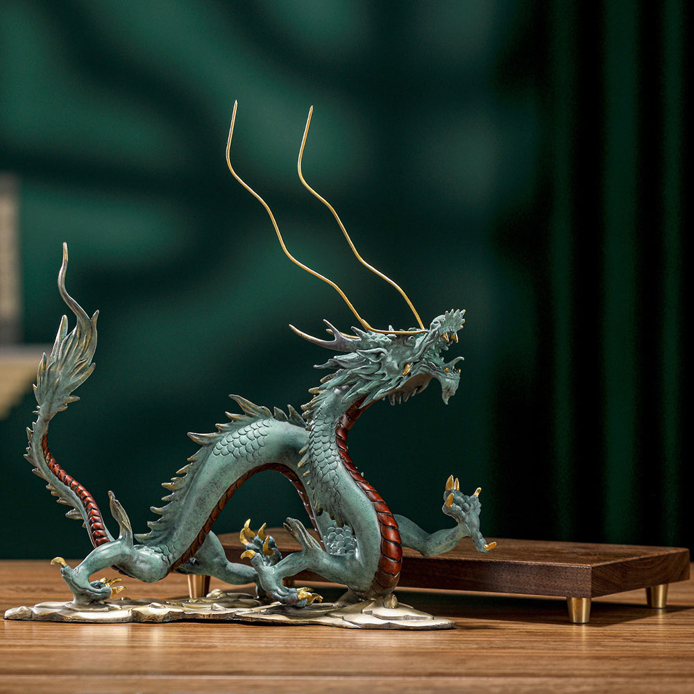 Brass Dragon Statue With Walnut Base