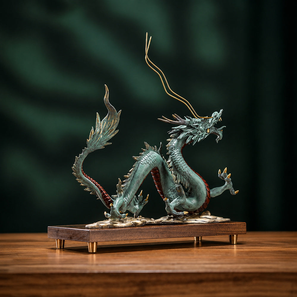 Brass Dragon Statue With Walnut Base