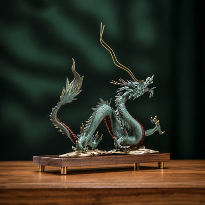 Brass Dragon Statue With Walnut Base
