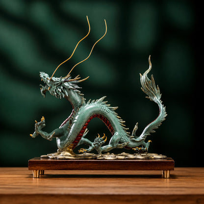 Brass Dragon Statue With Walnut Base