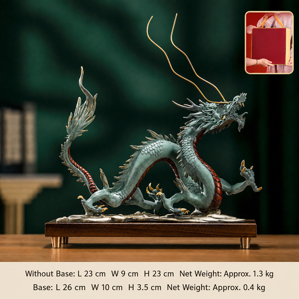Brass Dragon Statue With Walnut Base