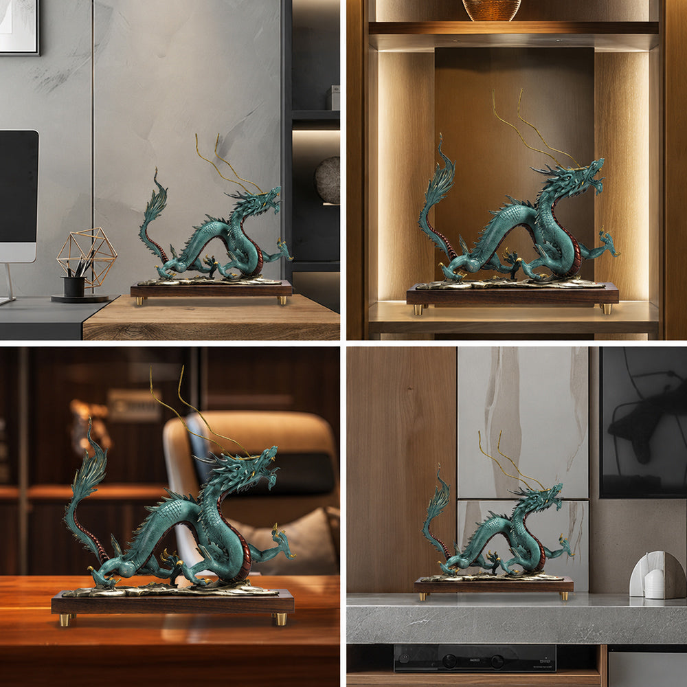Brass Dragon Statue With Walnut Base