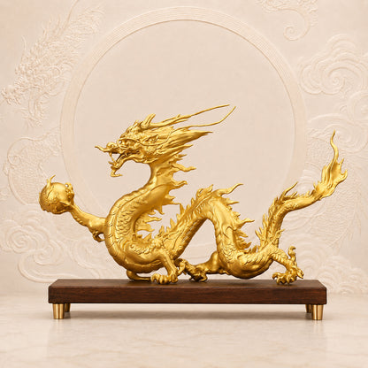 Brass Pearl Dragon Statue With Wood Base