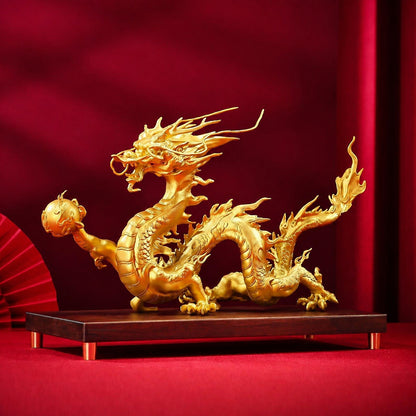 Brass Pearl Dragon Statue With Wood Base
