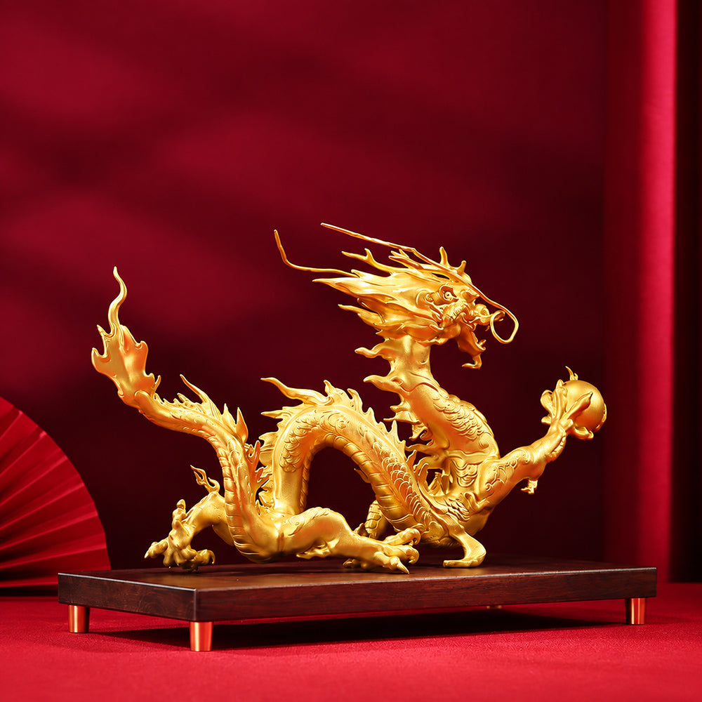 Brass Pearl Dragon Statue With Wood Base