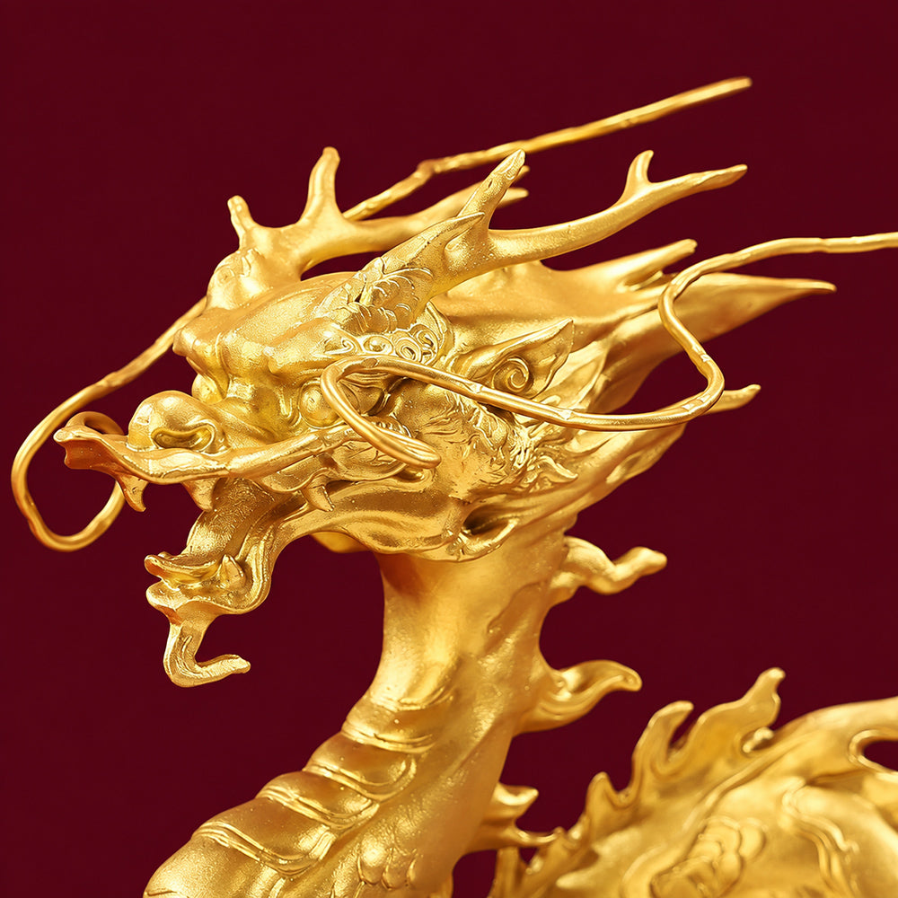 Brass Pearl Dragon Statue With Wood Base