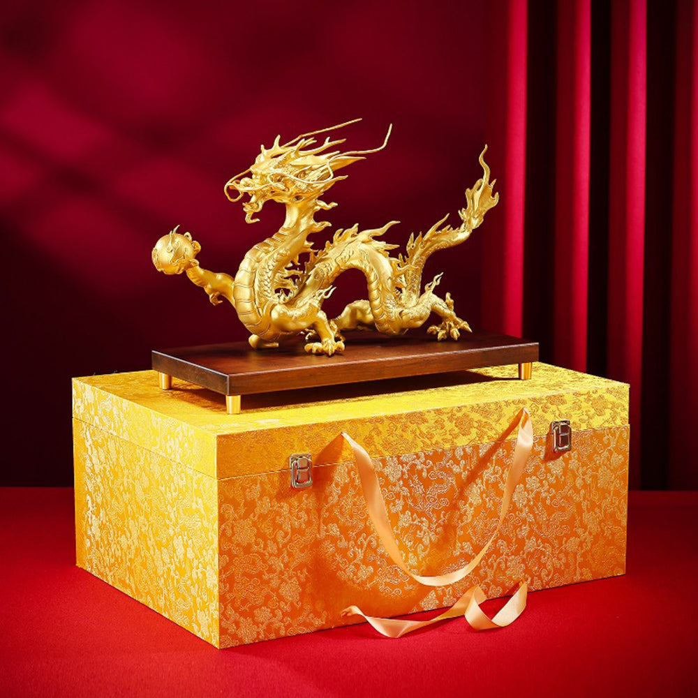 Brass Pearl Dragon Statue With Wood Base