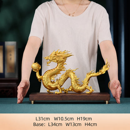 Brass Pearl Dragon Statue With Wood Base