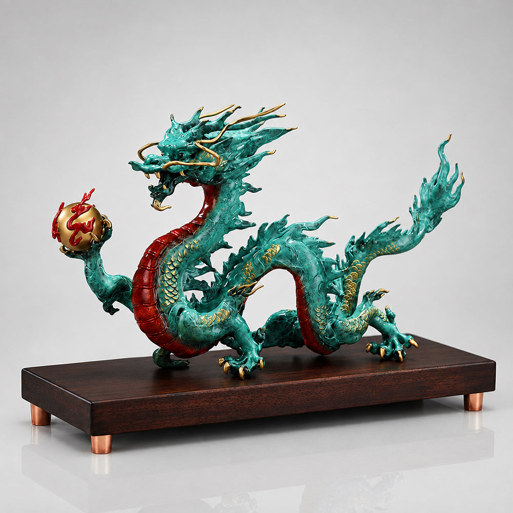 Brass Pearl Dragon Statue With Wood Base