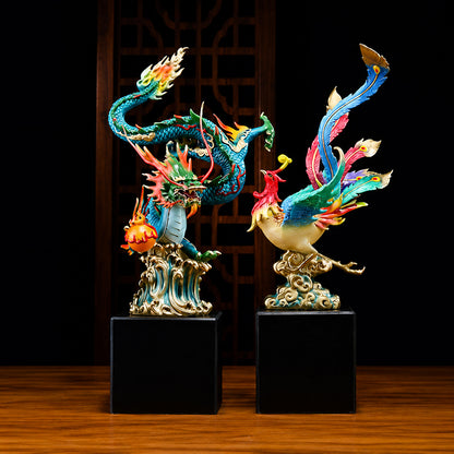 Copper Dragon And Phoenix Statue Set