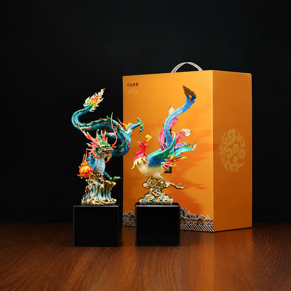Copper Dragon And Phoenix Statue Set