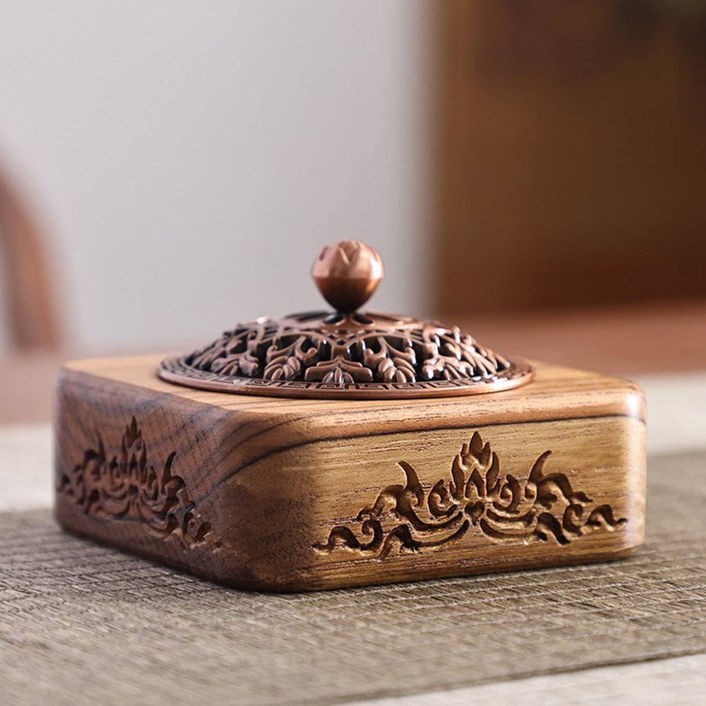 Thai Teak Wooden Incense Burner with Lotus Carvings