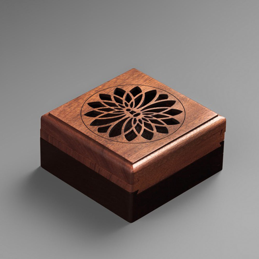 Double-Layer Square Hollowed-out Incense Burner Wooden Box