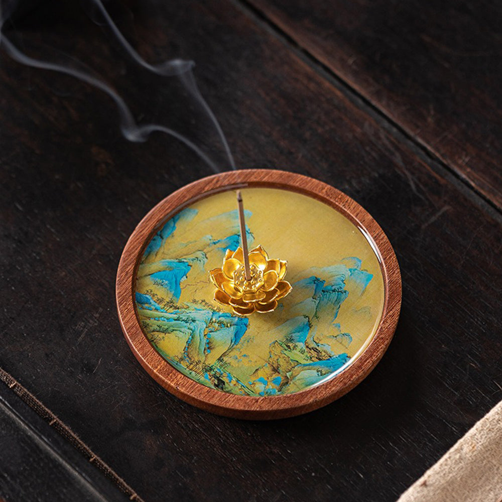Alloy Golden Lotus Wooden Incense Holder With Mountain Art