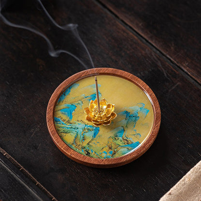 Alloy Golden Lotus Wooden Incense Holder With Mountain Art