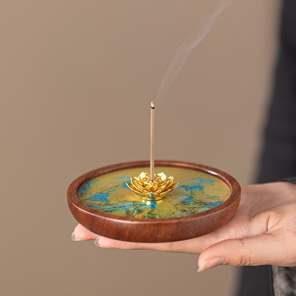 Alloy Golden Lotus Wooden Incense Holder With Mountain Art